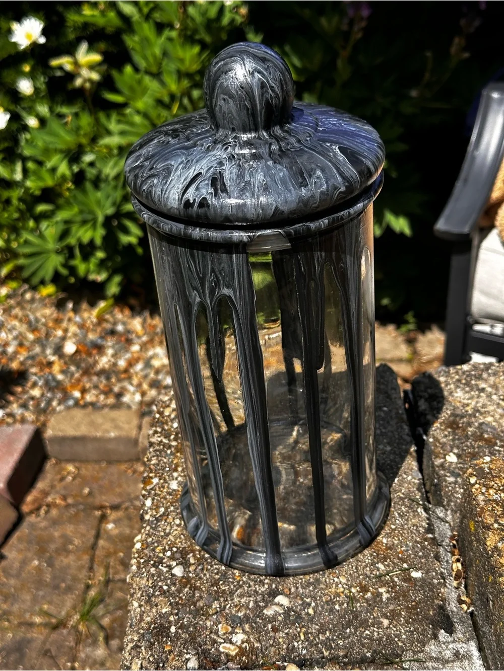 Hand crafted Black and silver Marble Effect glass Canister with Lid